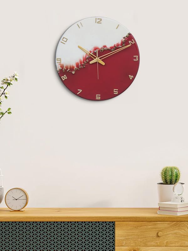 Image of CHRONIKLE Elegant Epoxy Resin Round Handcraft Red and White Stone Art Analog English Numbers Wall Clock for Living Area Room Home Office Decoration Gifts (Size: 30x6x30 CM | Weight: 765 Gram)
