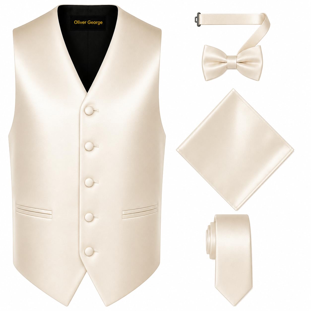 Oliver George 4pc Men's Solid Formal Suit Waistcoat Tuxedo Dress Vest Necktie Bowtie Handkerchief Set for Suit or Tuxedo