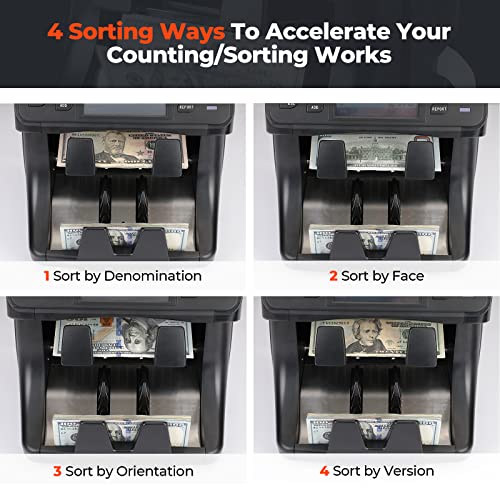 Image of MUNBYN 2-Pocket Money Counter Machine Mixed Denomination, Money Sorter, Built-in Printer, Sort on DENOM /FACE /ORI, Value Counting, 2 CIS /UV /MG /IR Counterfeit Detection, Touch Screen, 2Y Manufacturer