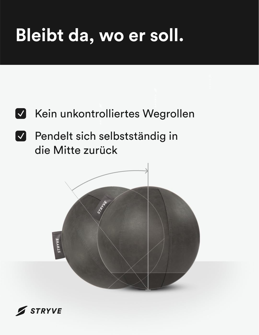 STRYVE Sitzball Büro 65cm - Ergonomischer Gymnastikball mit waschbarem Bezug und Wegrollschutz, inkl. Luftpumpe - Belastbar bis 150kg - Als Bürostuhl, Hocker (Stone Grey Kunstleder, 65)