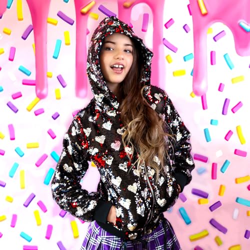 Rebelde Planet – Girls Black Bomber Jacket with Silver Heart Flip Sequin, Side Pockets, Metallic Zipper with Star Slider4