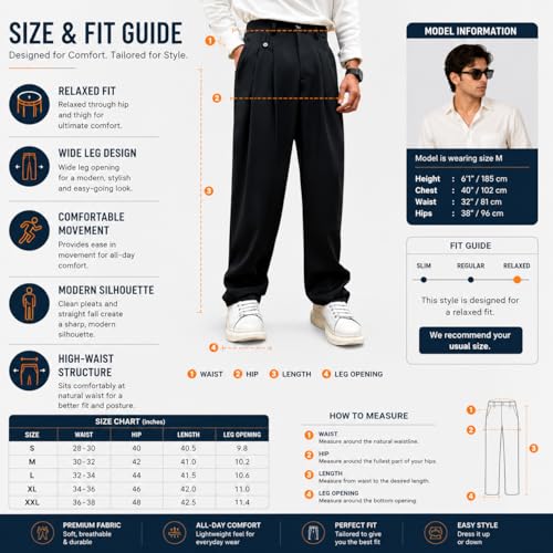 Image of Men's Relaxed Straight Leg Loose Fit Pleated Trousers | Mid-Rise Formal Pants with Zip Fly & Button Closure | Solid Regular Length Office Wear Trousers