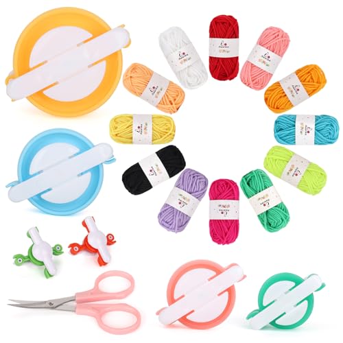 Aeelike Pom Pom Maker Kit 19 Pack with 6 Sizes (2cm 2.5cm 3.8cm 4.8cm 6.8cm 8.8cm) 12 Colours Yarn Scissors Knitting Pompom Maker for Adults Easy DIY Fluff Balls