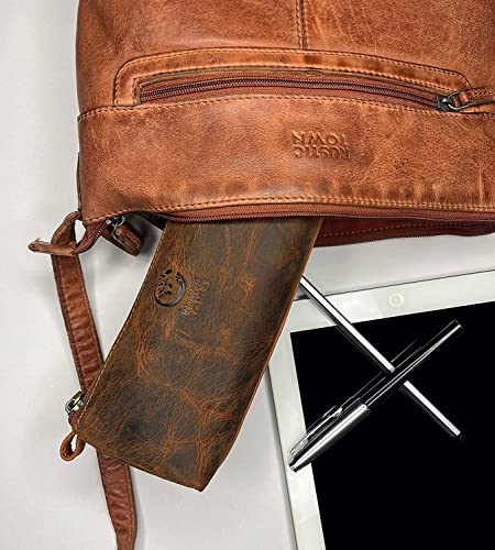 Rustic Town Leather Pencil Case - Full Grain Leather Zippered Pen Pouch - Stationery Bag Pen Holder for Work & Office