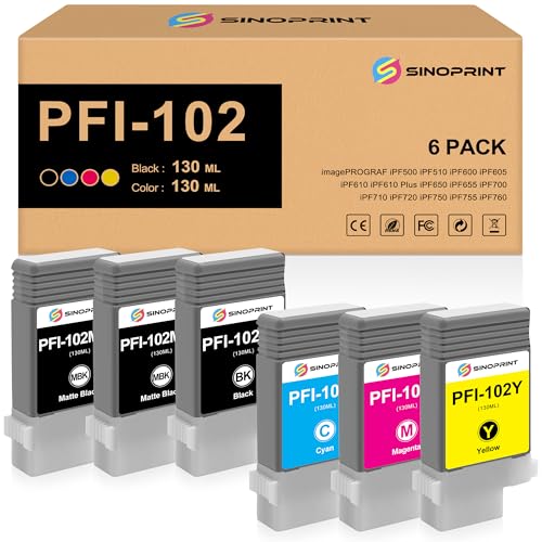 SINOPRINT Pfi-102 Ink Cartridge Pigment Pfi102 Replacement for Canon imagePROGRAF iPF500 iPF510 iPF600 iPF605 iPF610 iPF610 Plus iPF650 iPF655 iPF700 iPF710 iPF720 iPF750 iPF755 iPF760(6 Pack)