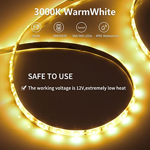 DeepDream LED Strip 5M, Wasserdicht Warmweiß 3000K LED Streifen, 12V Selbstklebend, LED Band Lichtband Mit Netzteil für Innen Heim Küche Deko