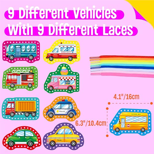 Image of 9 Pieces Kids Lacing Cards, Double Sided Sewing Stencils in 9 Vehicle Cards with 9 Colorful Laces, Fantasy Development Lacing Toy Games for Kids, Educational and Learning Activities