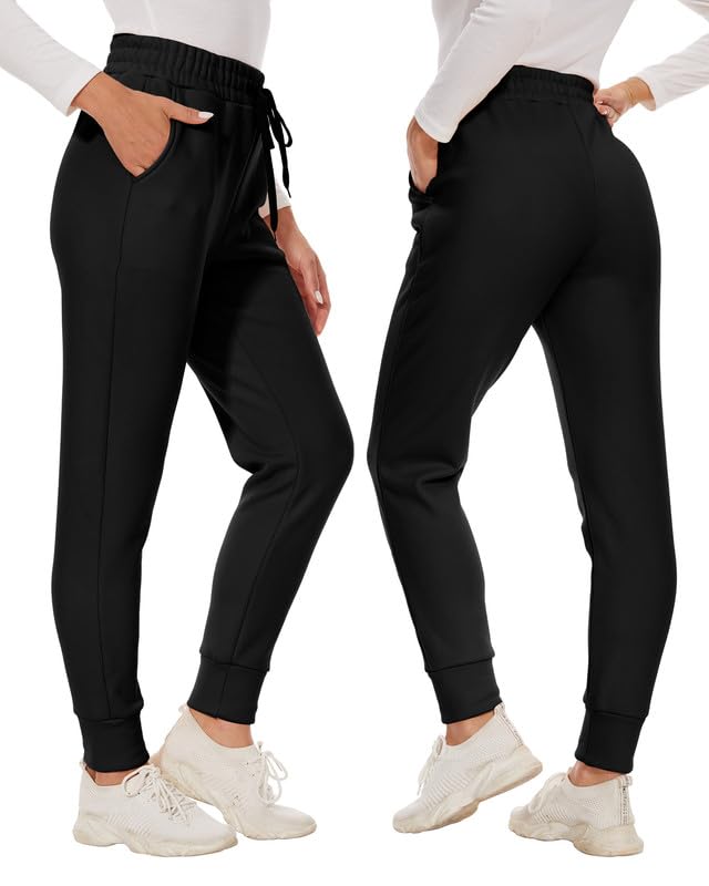 Warme Jogginghose Damen Gefütterte mit 2 Taschen Kordelzug Winter Fleece High Waist Lange Sportleggins Trainingshose Freizeithose Sweathose Schwarz M