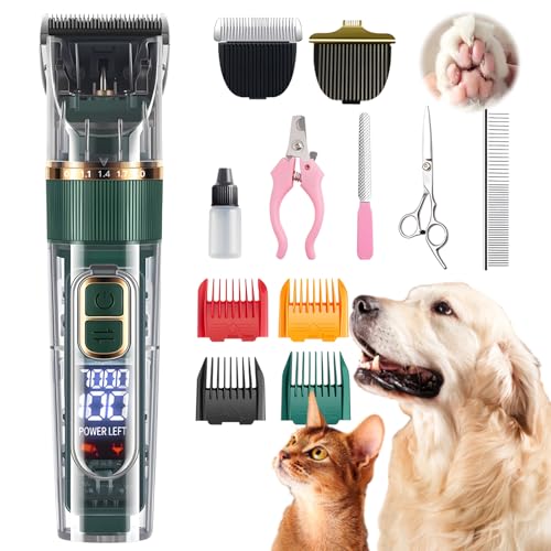 Tondeuse Professionnelle pour Chien et Chat, avec Écran LED, 4 Peignes de Limite, 3 Vitesses, Étanche IPX7 - pour Poils Longs et Noeud (Vert)