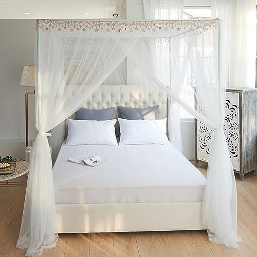 Marco de cama con mosquitero, marco de cama con dosel, postes para marco de cama con dosel de 4 esquinas, postes de aleación de aluminio para cama de cuatro esquinas, fácil de instalar, blanco, comp