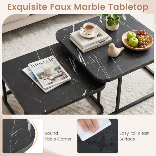 Image of Giantex Nesting Coffee Table Set of 2, Faux Marble Center Table with Metal Frame, Modern Square Accent Cocktail Table, Small Coffee Table for Living Room, Small Spaces (Black)
