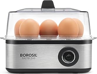 Borosil Electric Plus Egg Boiler with Poaching Tray, Boil Upto 8 Eggs At A Time, For Hard, Soft, Medium Boiled Eggs, Steamed Vegetables, Transparent Lid, Stainless Steel Exterior