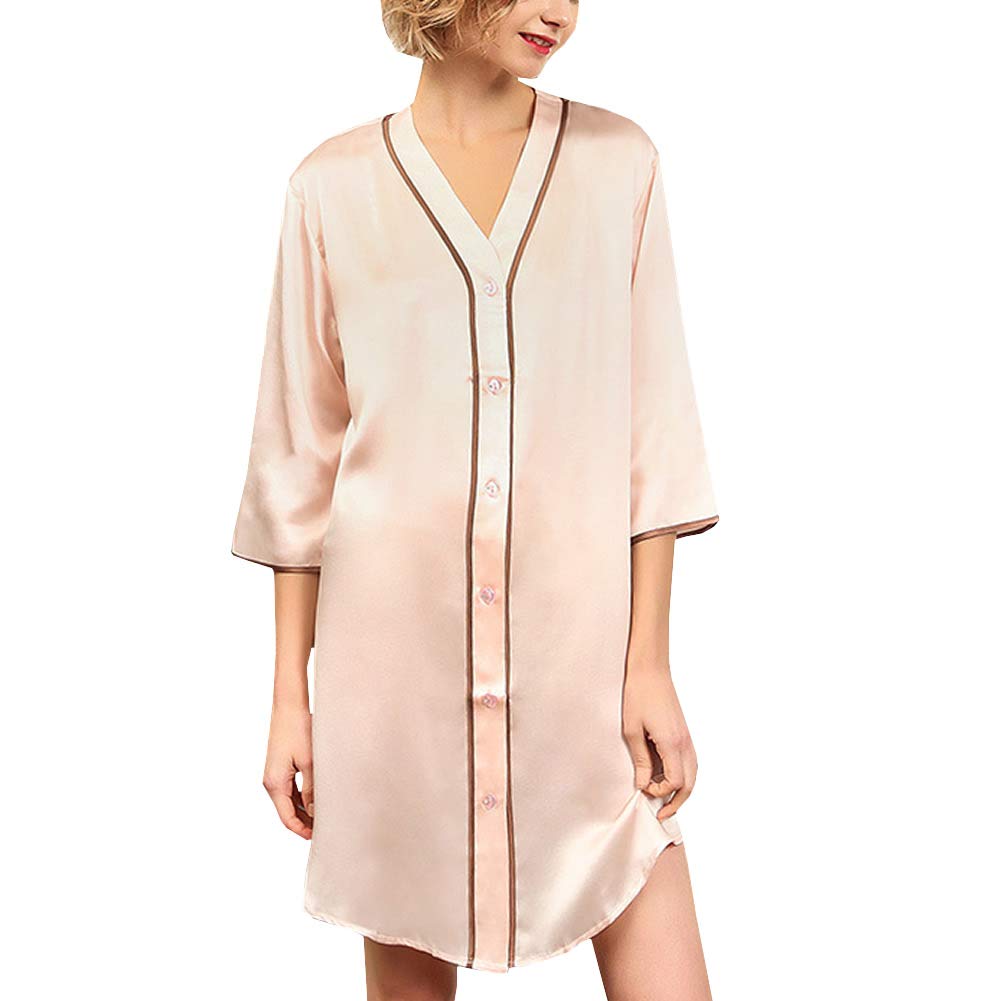E-girl S5610 - Camisón de noche para mujer, 100 % seda, estilo blusa, manga larga Rosa. 50