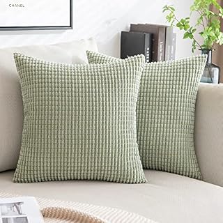 MIULEE Set of 2 Decorative Corduroy Cushion Covers 18x18 Inches, 45cm x 45cm Striped Solid Square Throw Pillow Cases for Sofa Couch Home Bedroom Bean Green