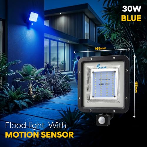 Image of Forus 30W LED Flood Light Blue with Motion Sensor Auto On Off Day Night Mode Waterproof Outdoor Security Light for Garden Parking Garage Factory Warehouse Shop High Bright Floodlight 4Yr Warranty-1Pc