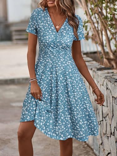 Image of MSBASIC Womens Summer Wrap V Neck Casual Dresses Floral Short Sleeve A-Line Midi Sundress