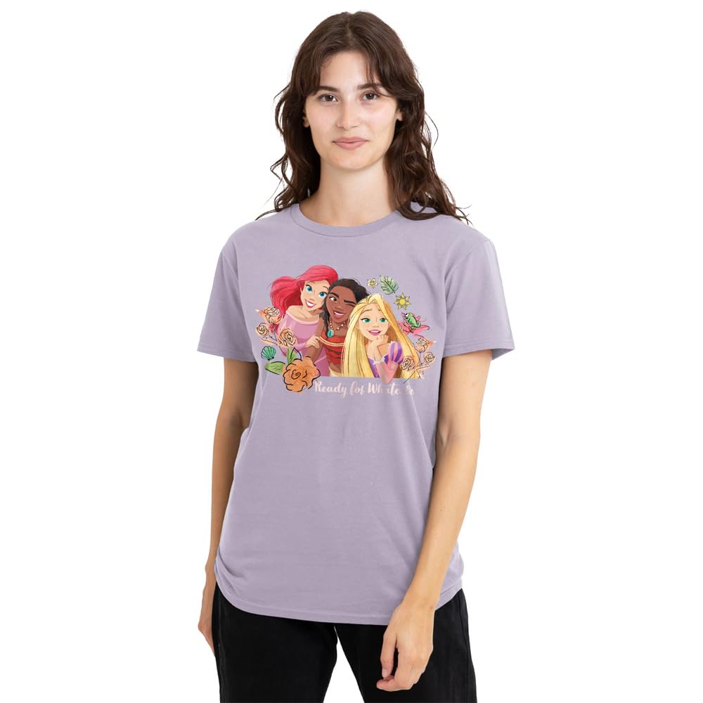 Disney Princess Women's Lavendar Ariel, Moana, Rapunzel Ready For Whatever T Shirt, Medium