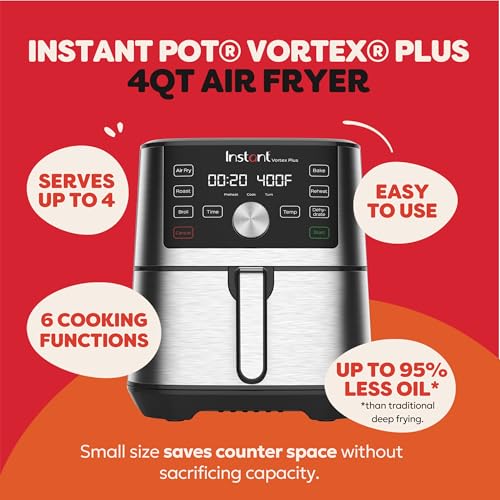 Image of Instant Pot 4QT Vortex Plus 6-in-1 Mini Air Fryer, Custom Program Options, Crisps, Broils, Roasts, Dehydrates, Bakes, Reheats, 100+ In-App Recipes, Stainless Steel,4 Quarts