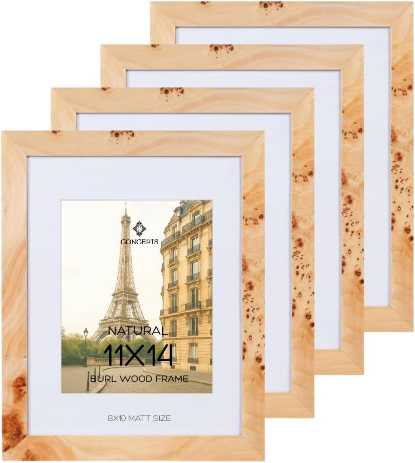 Concepts - 11X14 Burl Wood Picture Frames Matted To 8x10 -Natural Wood Finish Picture Frames for Family Photos - Elegant Wallhung Decor in Bulk Natural 4 Pack 11x14