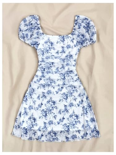 SHENHE Girl's Summer Floral Puff Sleeve Dress Square Neck Ruched A Line Flared Short Sundress2