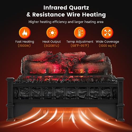 Image of Tangkula 20 Inch Electric Fireplace Log Set with Adjustable Temp, Overheating Protection, Realistic Pinewood Ember Bed, Infrared Quartz Electric Fireplace Insert for Home & Office Decor, 1500W
