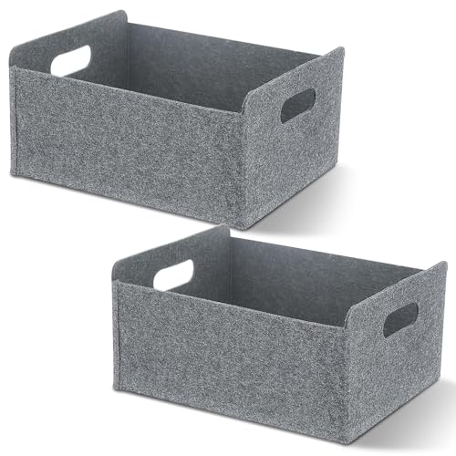 Esteopt Lot de 2 paniers de rangement pliables en feutre - Gris - Rectangulaire - Petit panier de rangement - Grand - 30 x 26 x 12,5 cm