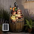 29" Tall Solar Water Fountain Outdoor Garden, 4-Tier Rustic Barrel Pump Solar Powered Water Fountain Cascading Waterfall with LED Lights for Patio, Backyard, Porch