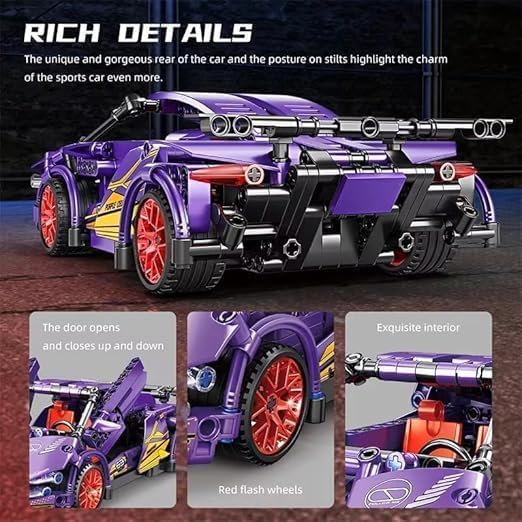 Image of 1:18 Scale Racing Car Building Block Set - Pull Back DIY Assembly Supercar Model | Compatible Bricks Toy for Kids, Adults, Collectors & Racing Car Lovers (Yellow Lamborghini) (Purple)