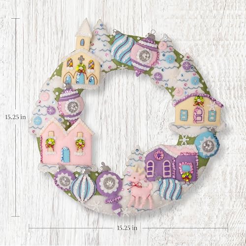 Image of Bucilla Felt Applique Wreath Making Kit, Putz Village, Perfect for DIY Arts and Crafts