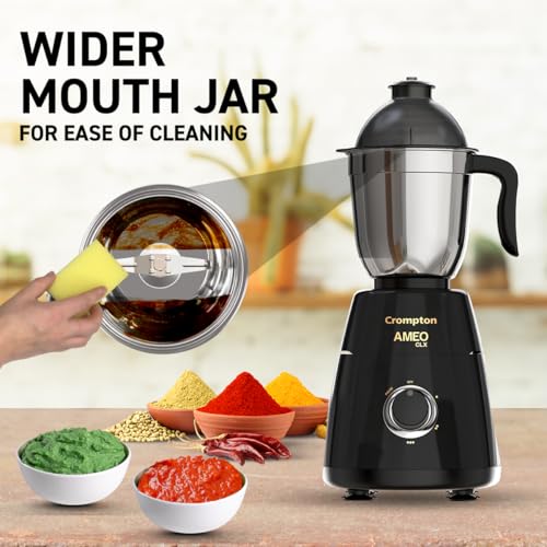 Image of Crompton Ameo Classic 750W Mixer Grinder | Powertron Motor | MaxiGrind Technology | 3 Stainless Steel Jars | 1 Blender Jar with fruit filter | Black