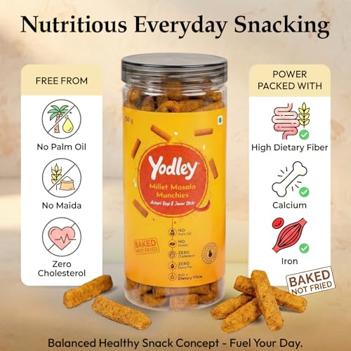 Image of Yodley Millet Masala Munchies - Tangy Achari Flavour | Baked, Not Fried | No Maida, No Palm Oil | Zero Cholesterol | Zero Trans Fat & High In Fiber | Calcium & Iron Rich | Healthy Indian Snack - 150gm