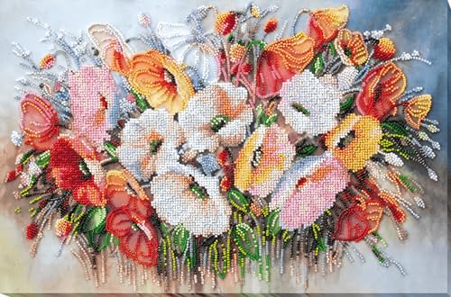 Image of Wizardi Bead Embroidery Kit - Delicate Flowers. Colorful Beads, Beading Needles. DIY Kit. Embroidery for Beginners. Home Decor. AB-805 Abris Art