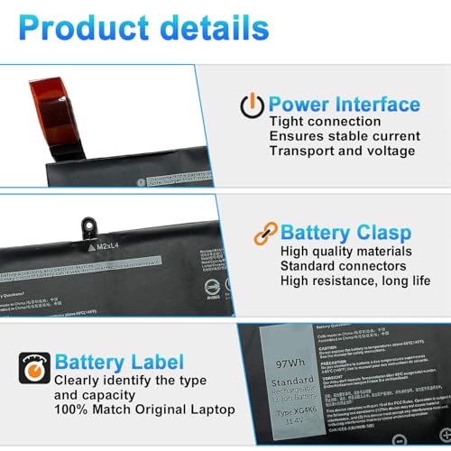Image of XG4K6 Laptop Battery for Dell XPS 17 9700 9710 9720 9730 Series | Replacement for Dell Precision 5750 5760 5770 Series P92F P92F001 P92F002 P92F003 01RR3 F8CPG 5XJ6R KVPMY 11.4V 97Wh 8071mAh