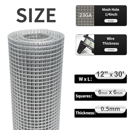Hardware Cloth 12'' x 30' 1/4 in Galvanized Wire Mesh Roll (23 GA) Chicken Wire Fence Roll for Chicken Pen/coop Fences, Screen mesh, Rabbit/Snake Fences, Poultry enclosures, Handicraft Making, etc.
