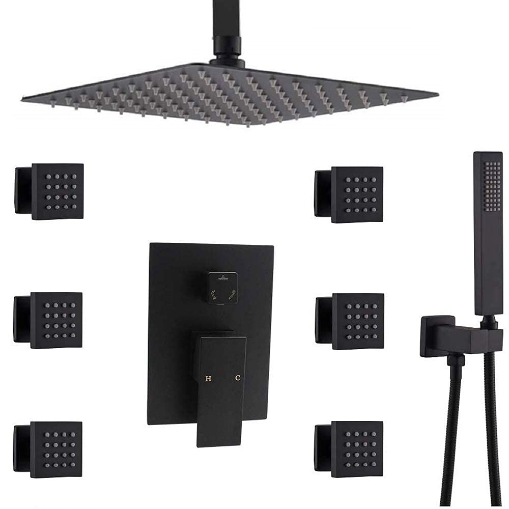 Enga Full Body Shower System with Body Jets, 12 Inch Powerful Rainfall Shower and Handheld Spray, Rough-in Mixer Valve Concealed Shower Faucet Set Complete, Matte Black