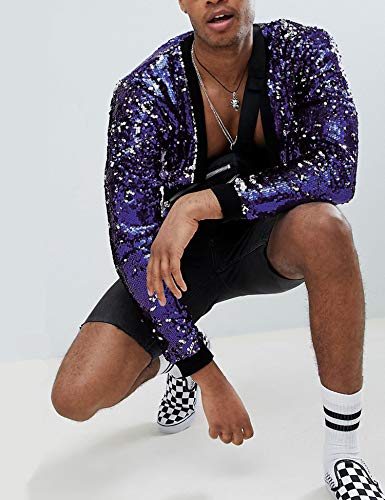 Image of Pacinoble Mens Cardigan Sparkle Sequin Open Front Coat Long Sleeve Bomber Jacket with Ribbed Cuffs (Purple S)