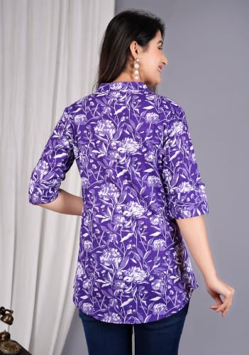 Image of Women's Rayon Floral Printed Short Kurti | Regular Fit | Mandarin Collar | Casual Wear for Office, College