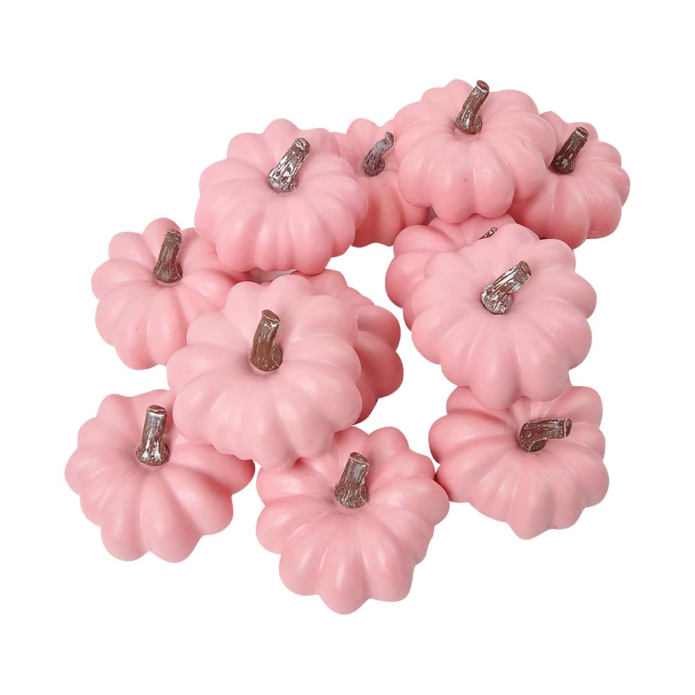 Hugede Pink 12 Pcs Artificial Foam Pumpkins Small Faux Pumpkins Lifelike Outdoor Pumpkins Cute Autumn Pumpkins Fake Decorative Pumpkins Harvest Pumpkins Decorations