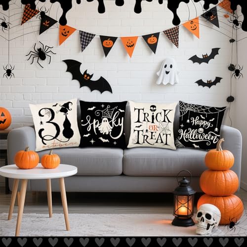 Halloween Pillow Covers 18x18 Inch, Set of 4 Ghost Black Cat Pumpkin Decor - image 5