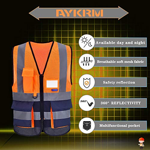 Image of SMALL High Visibility Mesh Safety Reflective Vest with Pockets and Zipper | Orange /Navy S mesh safety vest with transparent ID pocket, radio mic loop and reflective strips for warehouse logistics.