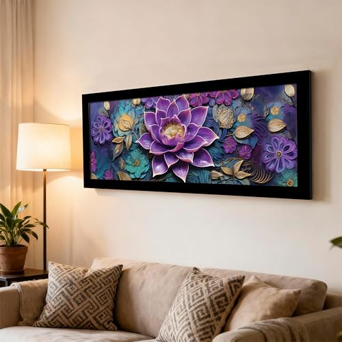 Image of PAINTINGMANTRA Blue Lotus Flower Vastu Wall Art Framed Luxury Paintings for Home Decoration, Living room, Bedroom and Office Decoration (99x38 CM)