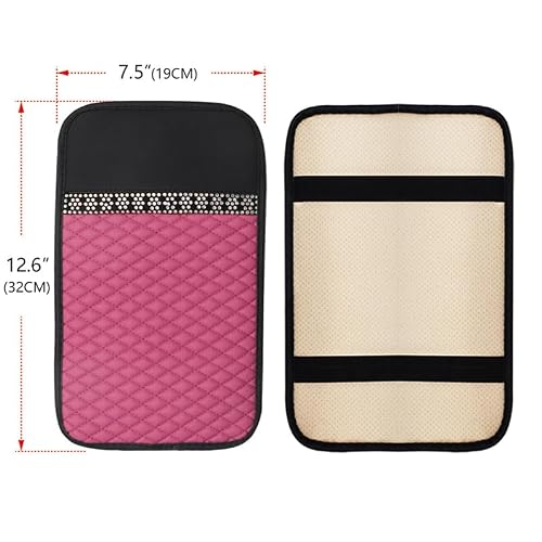 4 Pack Bling PU Leather Car Accessories for Women, Universal Rhinestone Steering Wheel Cover, Seat Belt Pads 2Pcs, Center Console Cover (Pink)