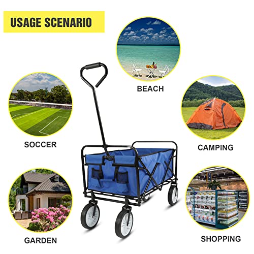 Gpoas Heavy Duty Collapsible Folding Wagon Cart Utility Outdoor Camping Shopping Garden Cart With 360° Universal Wheels & Adjustable Handle,176Lbs/80Kg Load Capacity,Blue #TOP5