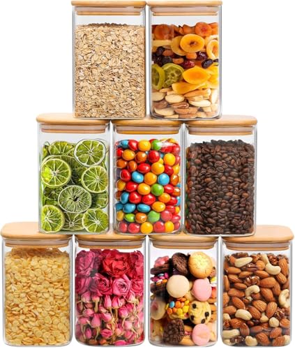 ComSaf 1.2 Qt Glass Storage Containers with Lids, Glass Jars with Lids, Clear Food Storage Jar, Square Canister Set of 9, Pantry Organizers and Storage for Cookie Flour Oat Pasta Tea Coffee Bean