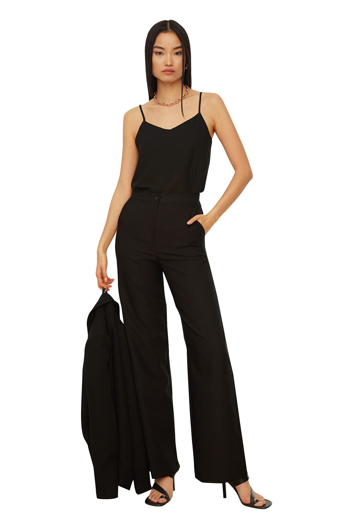 Trendyol Women's Schwarz High Waist Wide Leg Flare Trousers