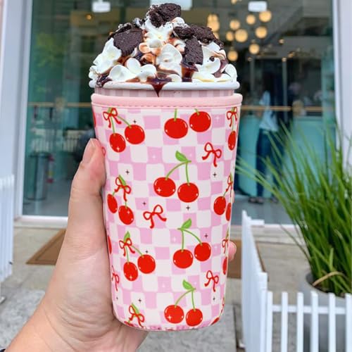 Image of Reusable Insulated Neoprene Iced Coffee Cup Sleeve, Durable Drink Sleeve for Cold Beverages, Beverage Holder for Iced Coffee (Cherry Gleam)