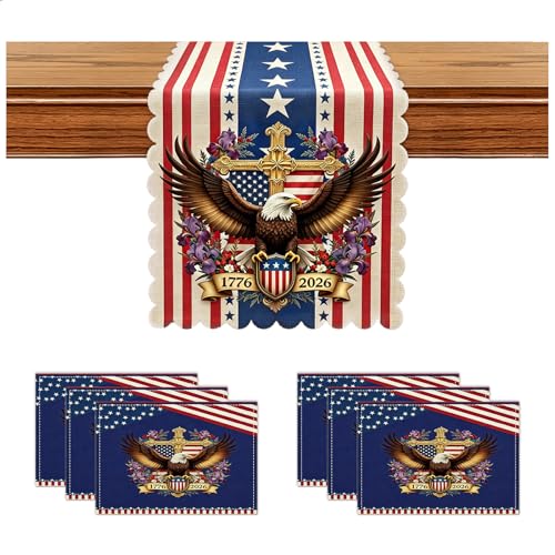 YOPINCO 7PCS 4th of July Table Runners Patriotic Memorial Day Kitchen Dining Table Runner Centerpiece Decor 250 America Anniversary Fourth of July Home Party Accessories
