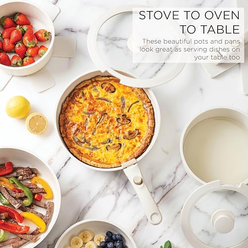 Image of Country Kitchen Cookware Set with Removable Handle, Oven & RV Safe Pots and Pans Set, Cream, Deluxe Larger Set