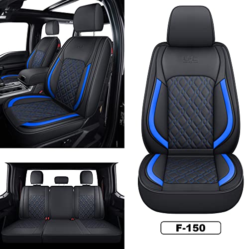 Image of LUCKYMAN CLUB F150 Full-Set Seat Covers J03-Q3 with Waterproof Faux Leather, Fit 2015-2025 Ford F150 and 2017-2025 F250 F350 F450 (Full Set, Black-Blue)