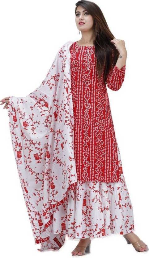Ensemble Kurta et Sharara pour Femme Tenine Traditionnelle Rouge 1041
